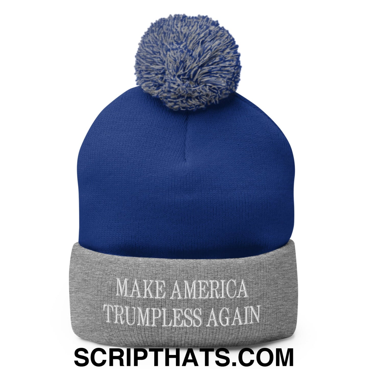 Make America Trumpless Again Embroidered Knit Pom Pom Beanie Royal Heather Grey