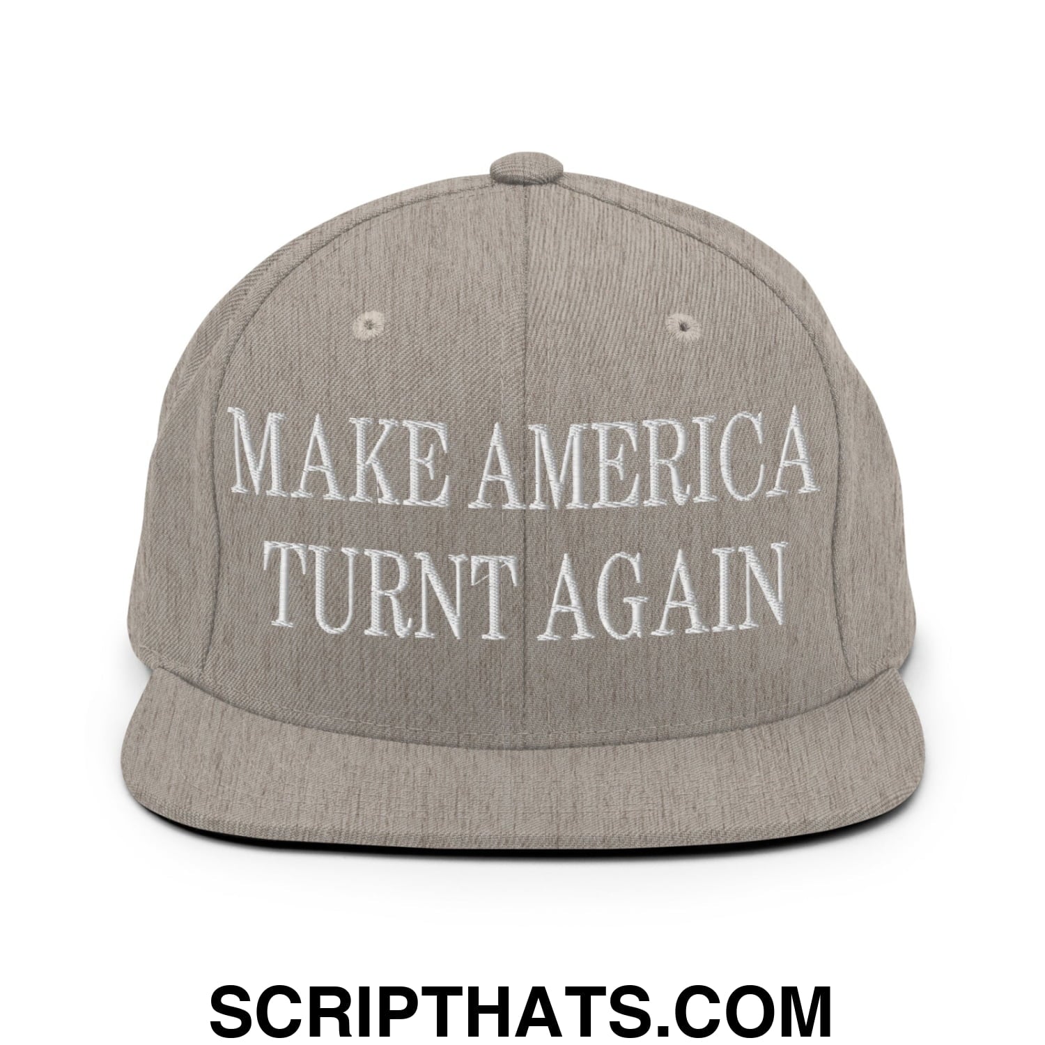 Gray snapback cap with white embroidered make america turnt again text and flat bill brim for casual wear