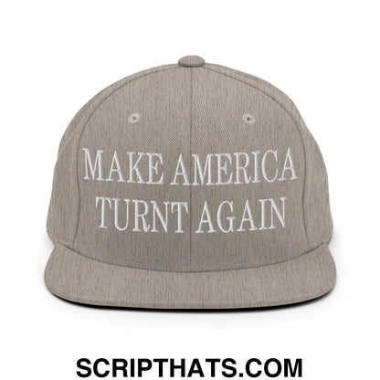 Gray snapback cap with white embroidered make america turnt again text and flat bill brim for casual wear