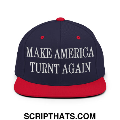 Navy blue and red snapback cap with white embroidered make america turnt again text and flat bill brim