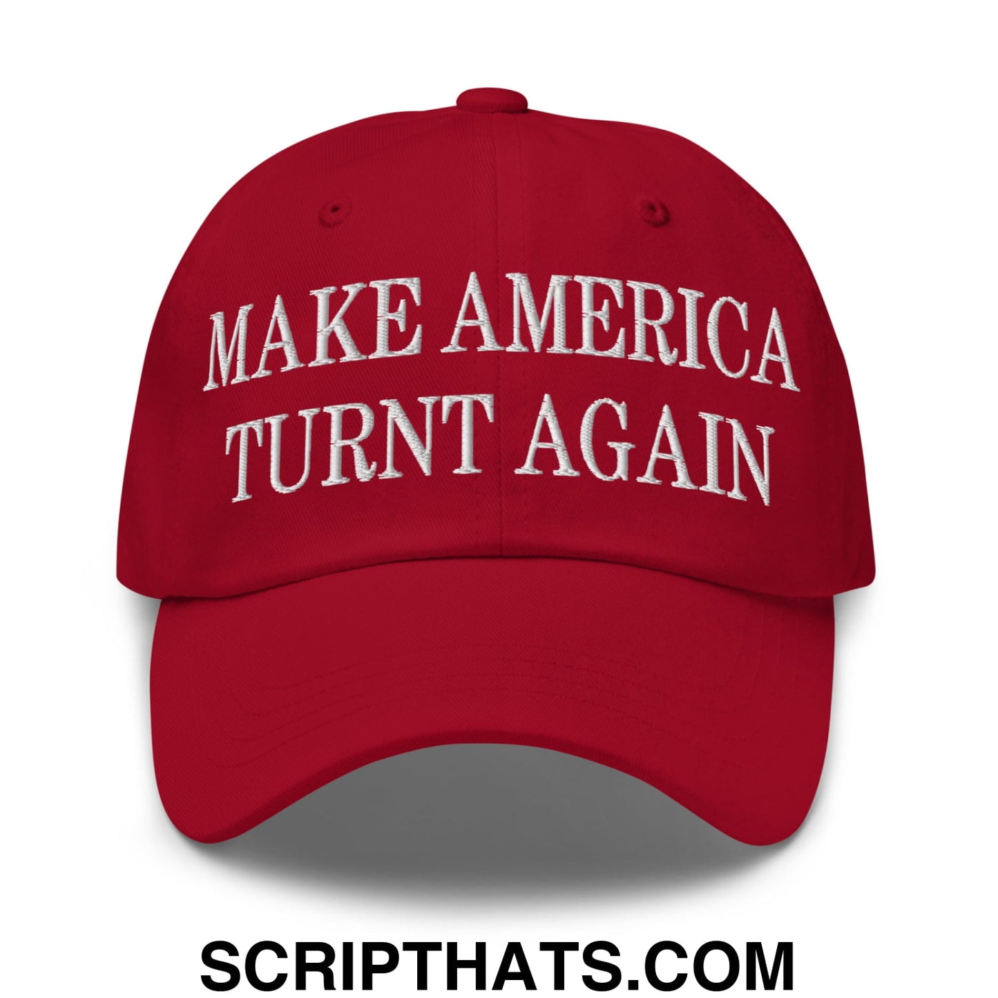 Red unstructured dad hat with white embroidered make America turnt again text for casual wear