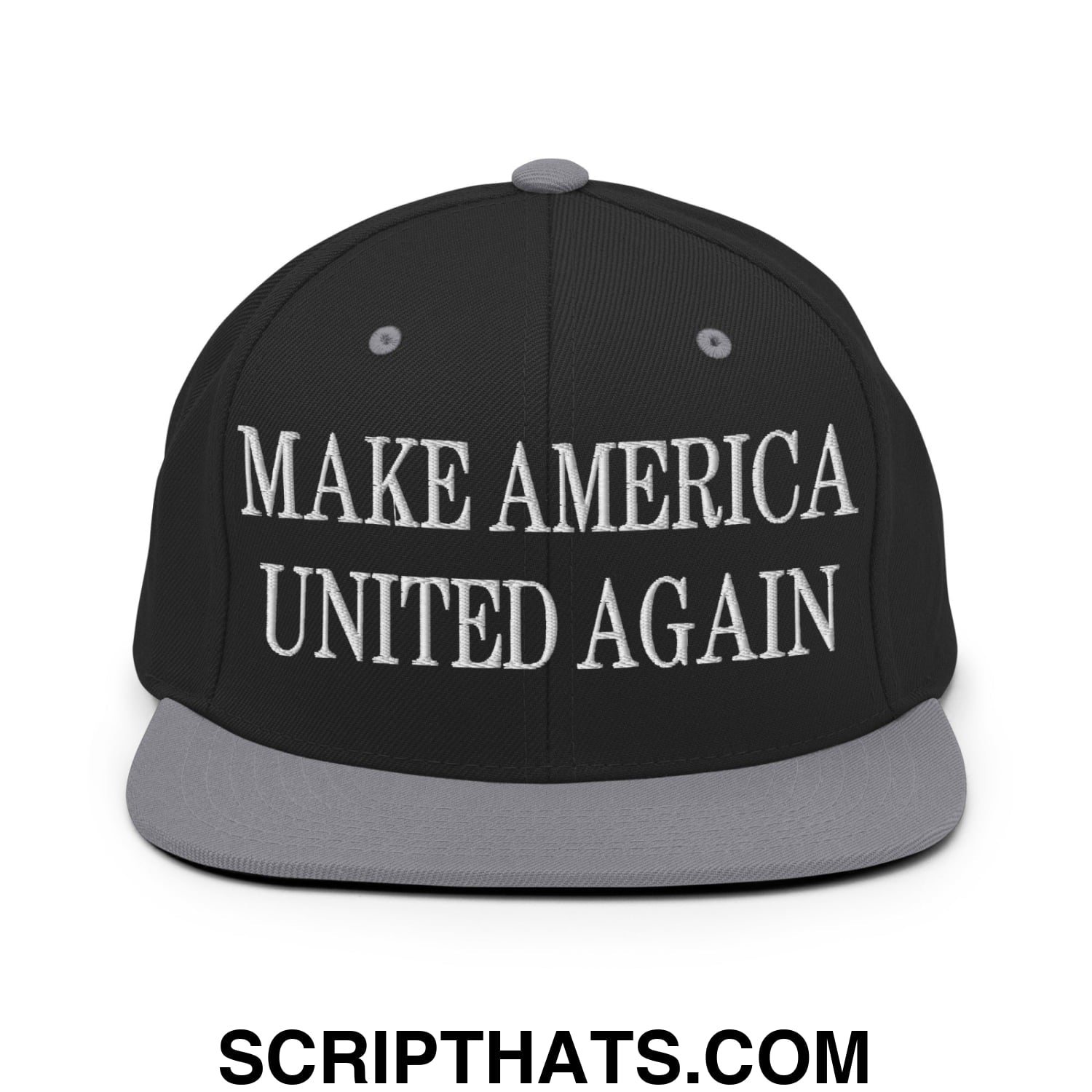 Black snapback cap with gray brim and white embroidered make america united again text flat bill brim design