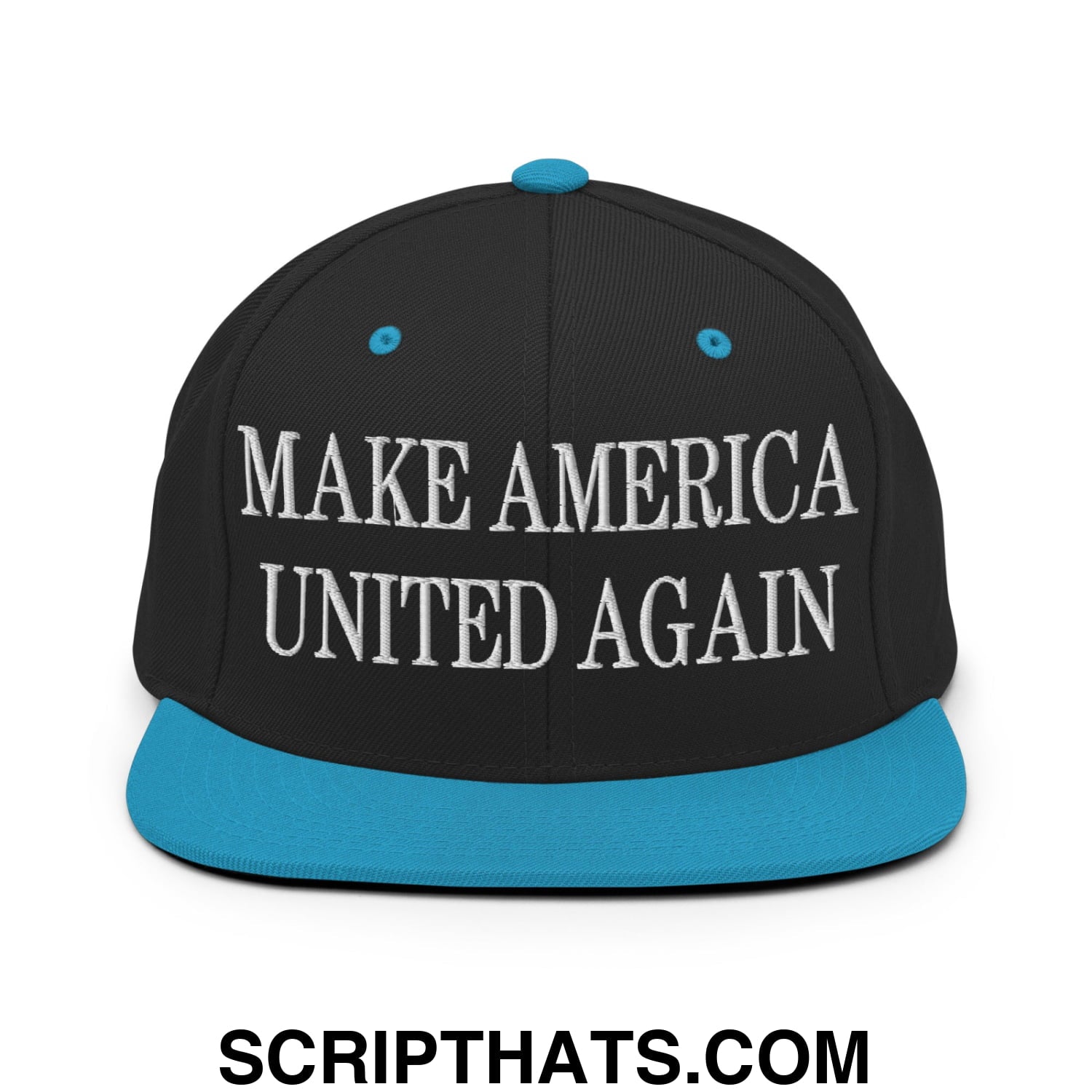 Black snapback cap with teal brim and button featuring white embroidered text make America united again