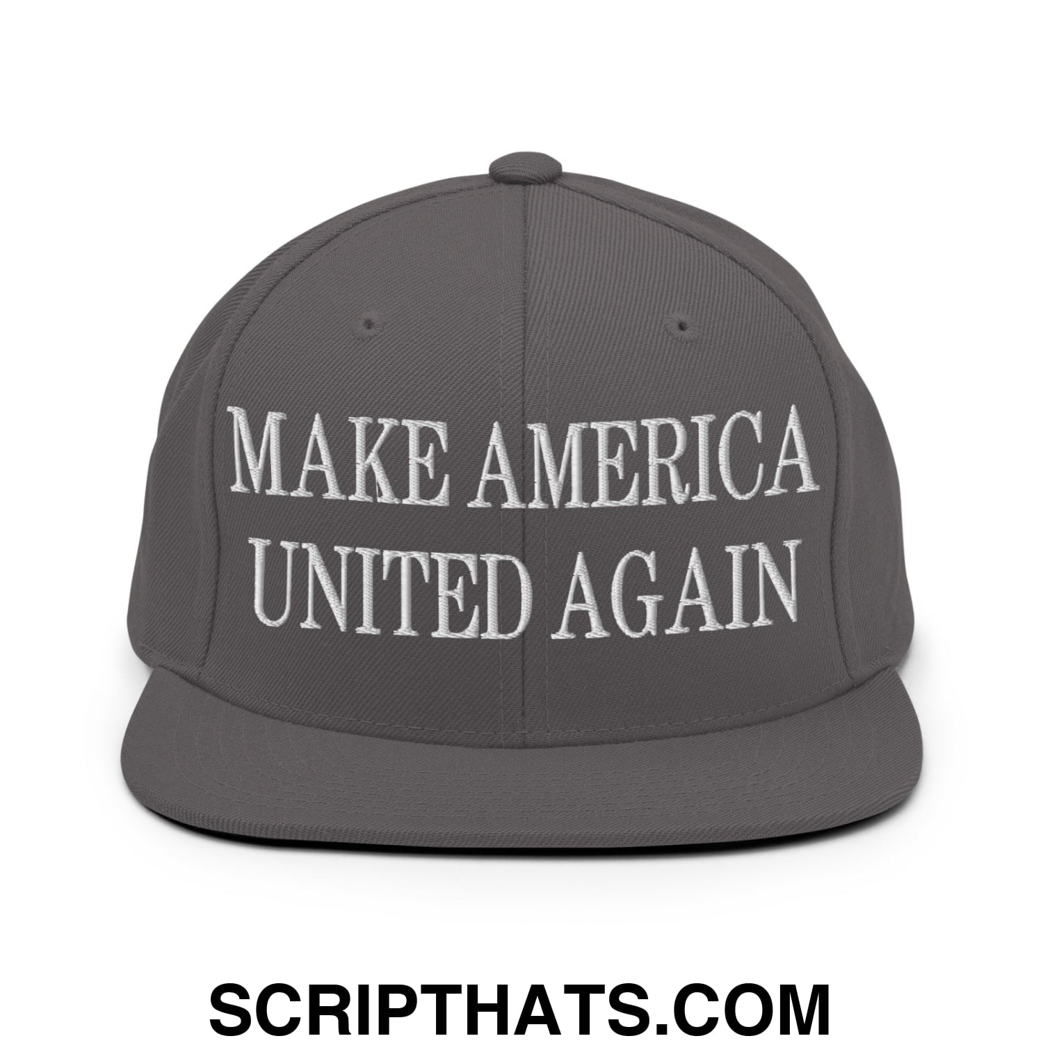 Gray snapback hat with white embroidered make america united again text and flat bill brim for casual wear
