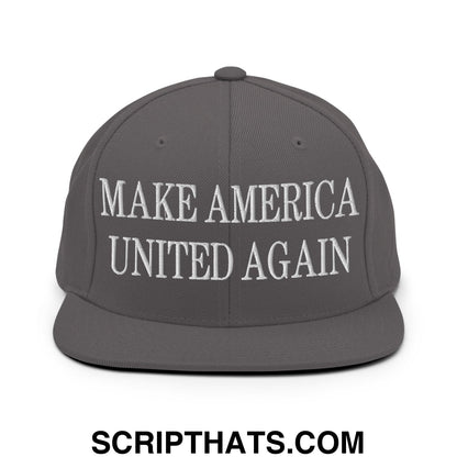 Gray snapback hat with white embroidered make america united again text and flat bill brim for casual wear