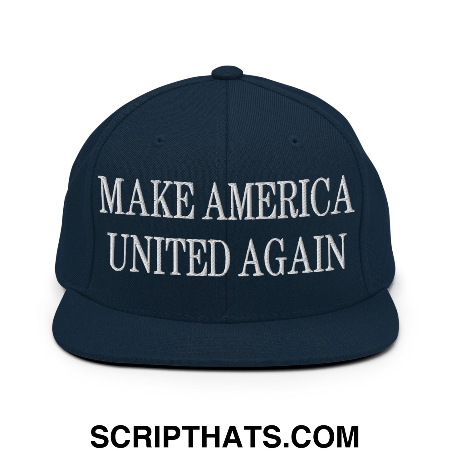 Dark navy blue snapback hat with white embroidered text make america united again and flat bill brim design