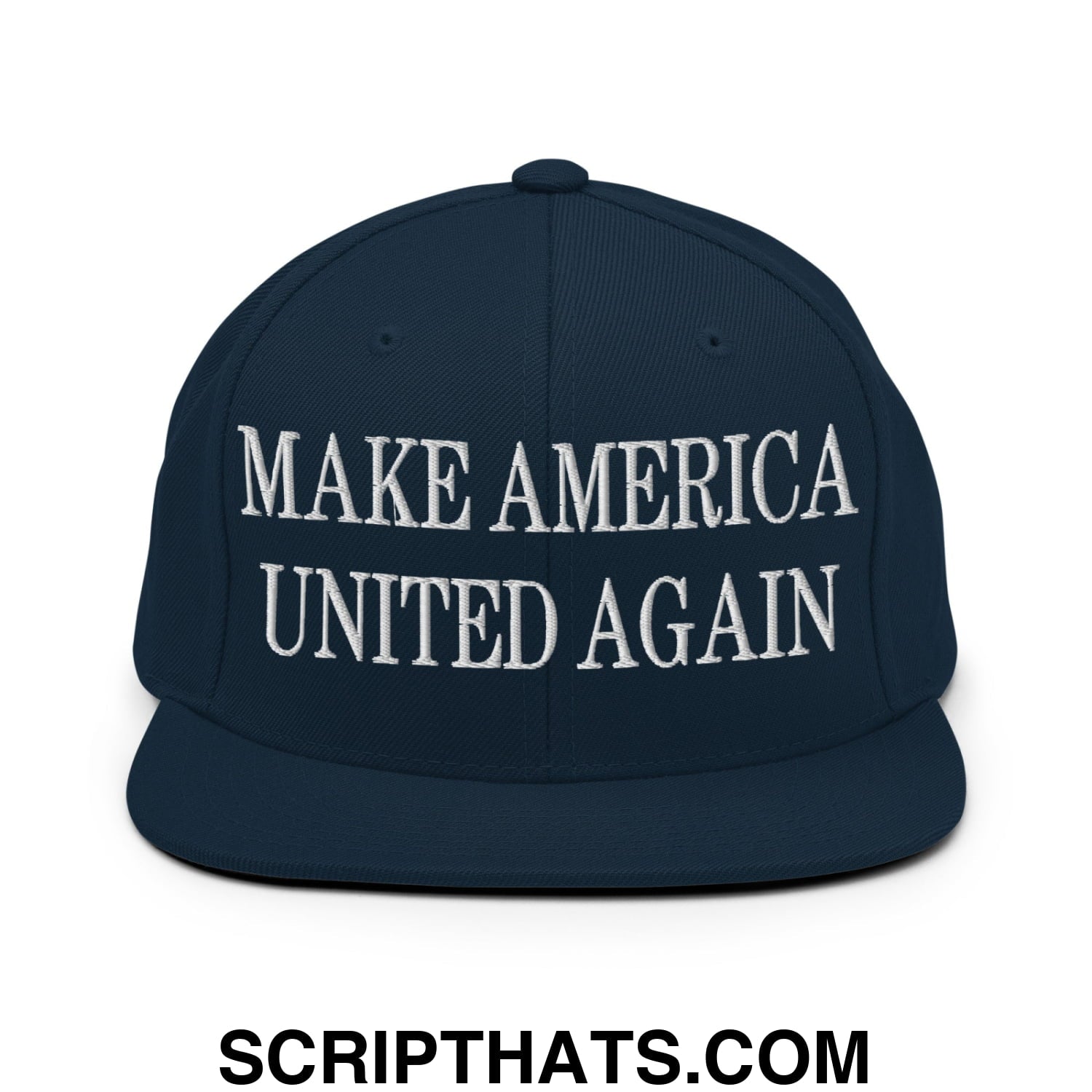 Dark navy blue snapback hat with white embroidered text make america united again and flat bill brim design