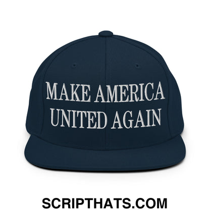Dark navy blue snapback hat with white embroidered text make america united again and flat bill brim design