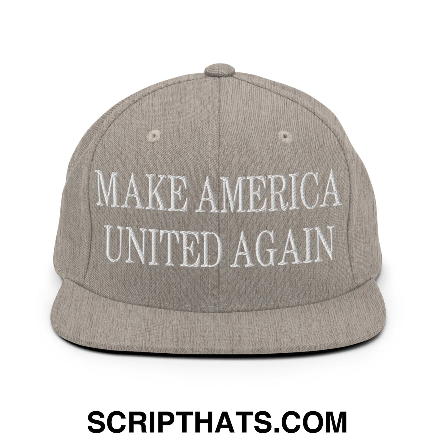 Gray snapback hat with white embroidered make America united again text and flat bill brim design