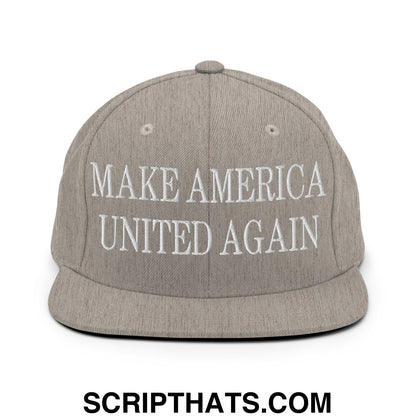 Gray snapback hat with white embroidered make America united again text and flat bill brim design