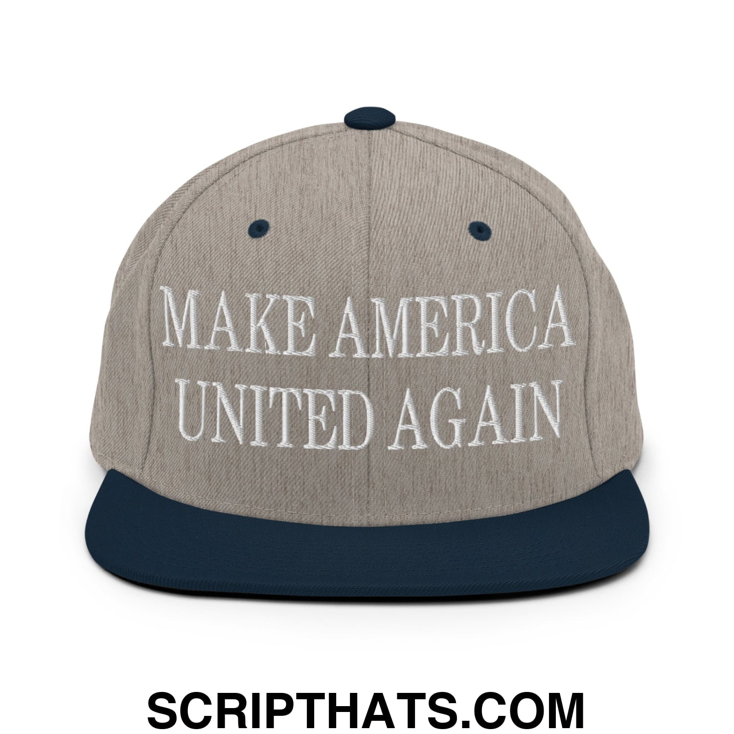 A gray and navy blue snapback hat with white embroidered make america united again text and a flat bill brim