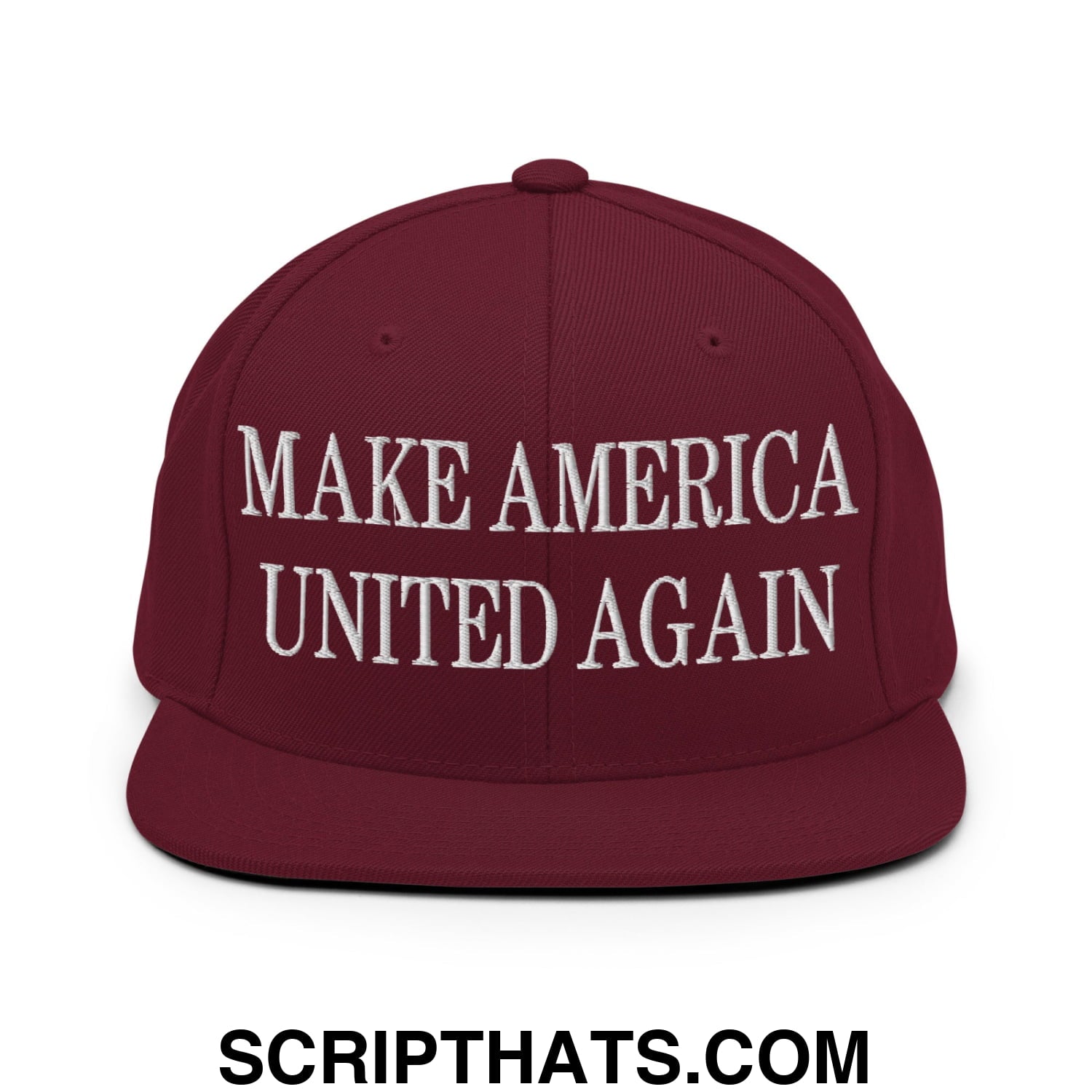 Maroon snapback hat with white embroidered make america united again text and flat bill brim design