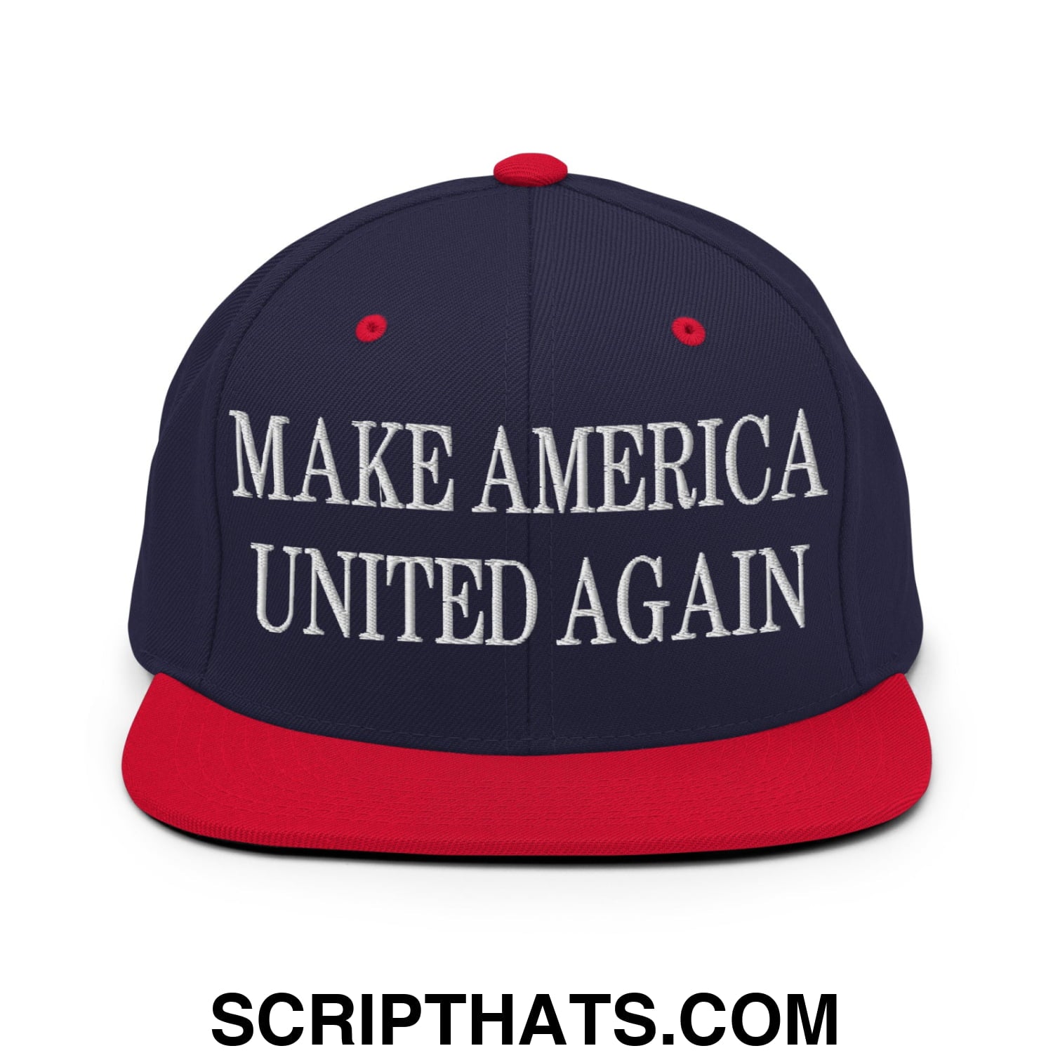 Navy blue and red snapback hat with white embroidered make america united again text and flat bill brim design