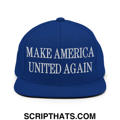 Royal blue snapback hat with white embroidered make america united again text and flat bill brim