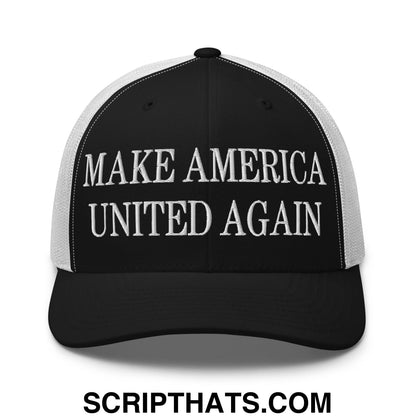 Black and white mesh trucker hat with make america united again embroidered in bold raised white thread on front
