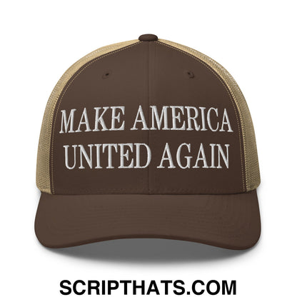 Brown and tan mesh trucker hat with white embroidered make america united again text design