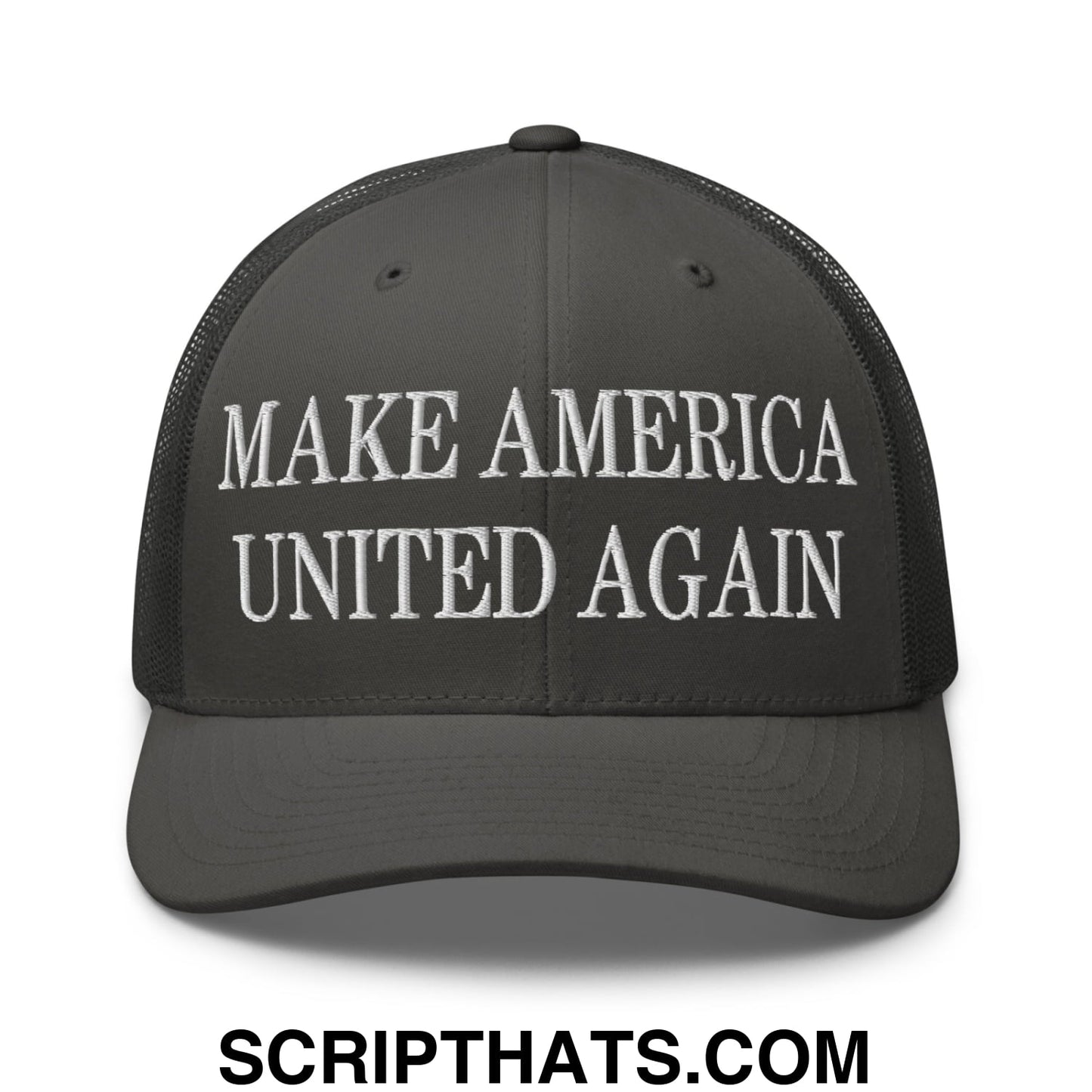 Dark gray mesh trucker hat with white embroidered make America united again text front logo
