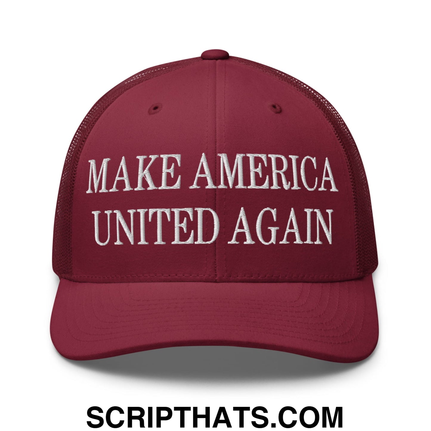 Maroon mesh trucker hat with white embroidered make america united again text for casual wear