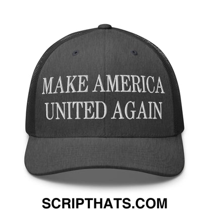 Black mesh trucker hat with white embroidered make america united again text on the front panel