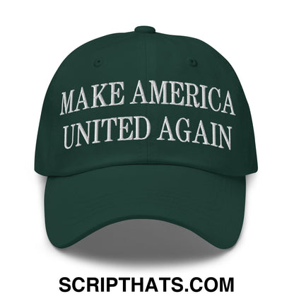 Dark green embroidered unstructured dad hat with white make America united again text for casual wear