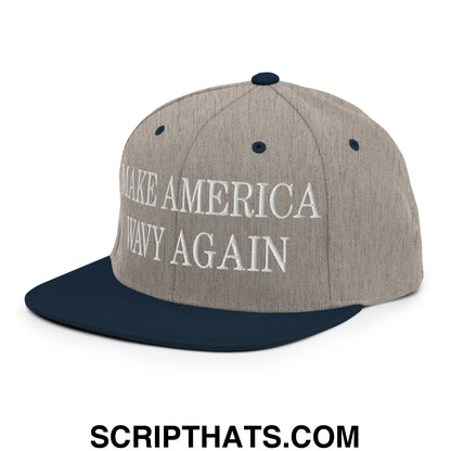 Make America Wavy Again Embroidered Flat Bill Brim Snapback Hat Heather Grey Navy