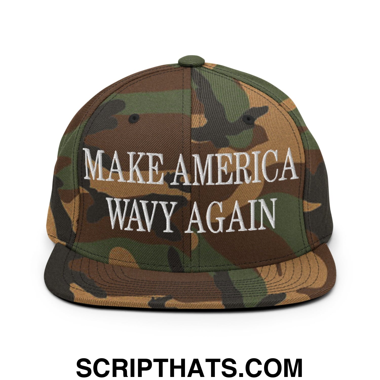 Make America Wavy Again Embroidered Flat Bill Brim Snapback Hat Green Camo