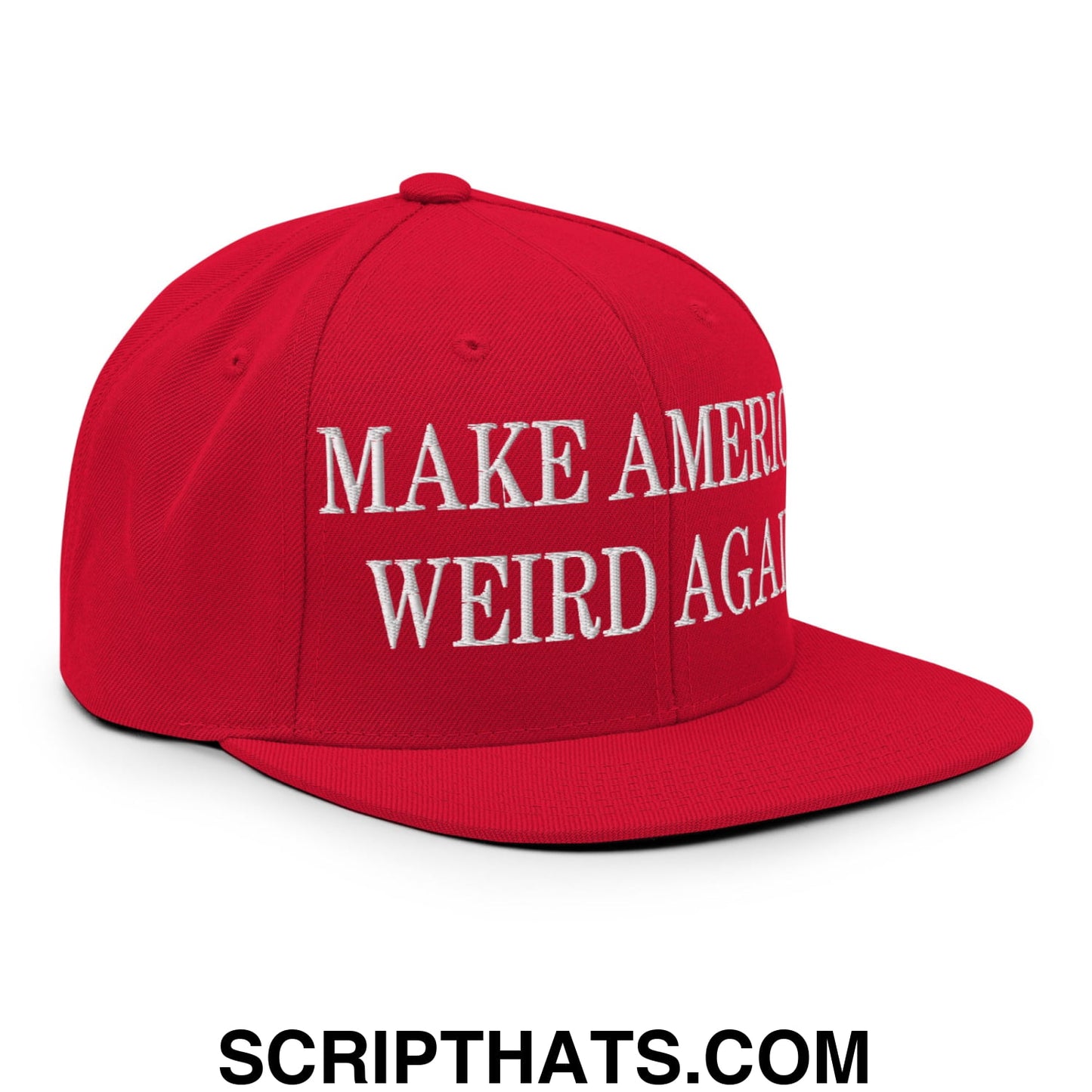 Red snapback cap with white embroidered make america weird again text and a flat bill brim for casual wear