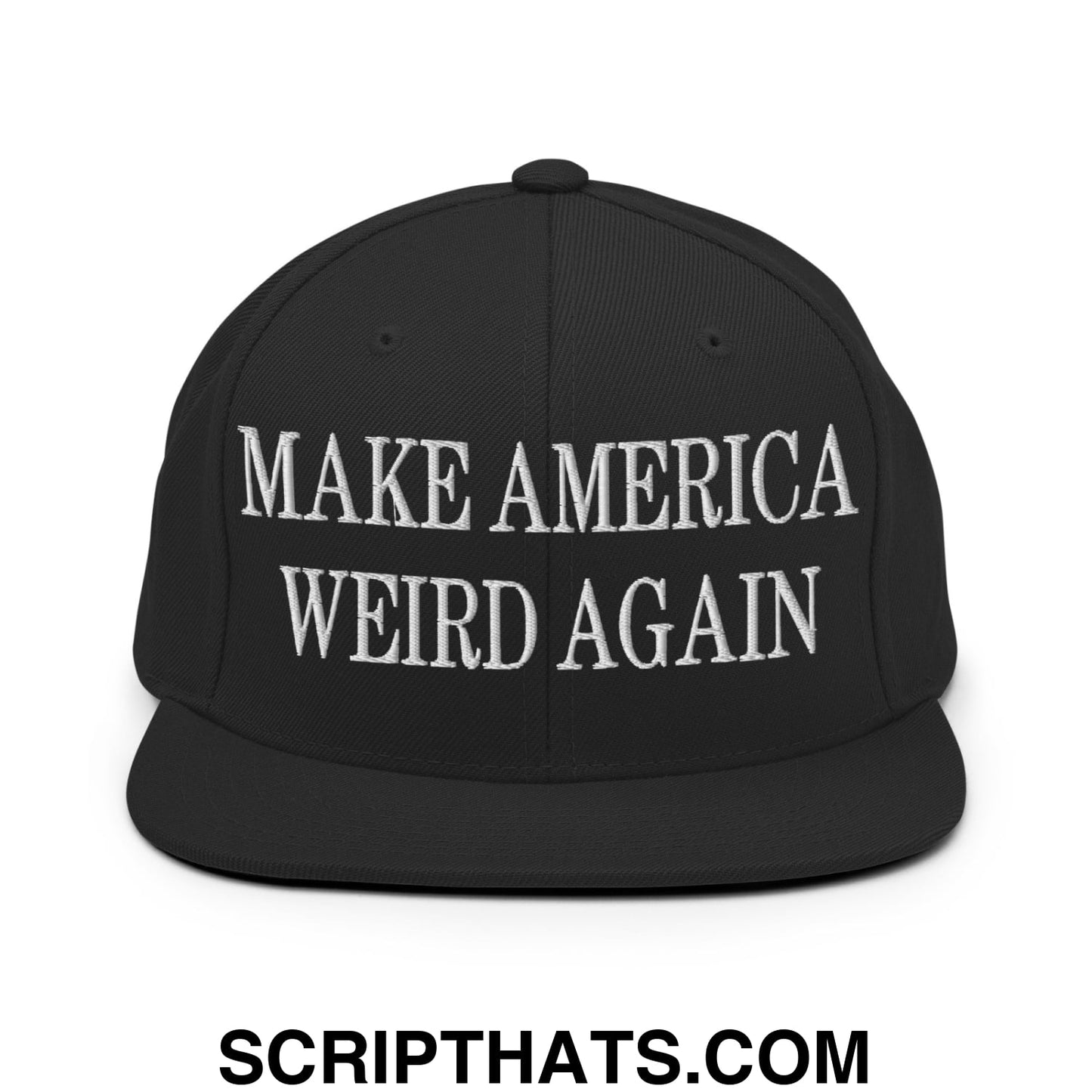 Black snapback hat with white embroidered make america weird again text and flat bill brim for casual wear