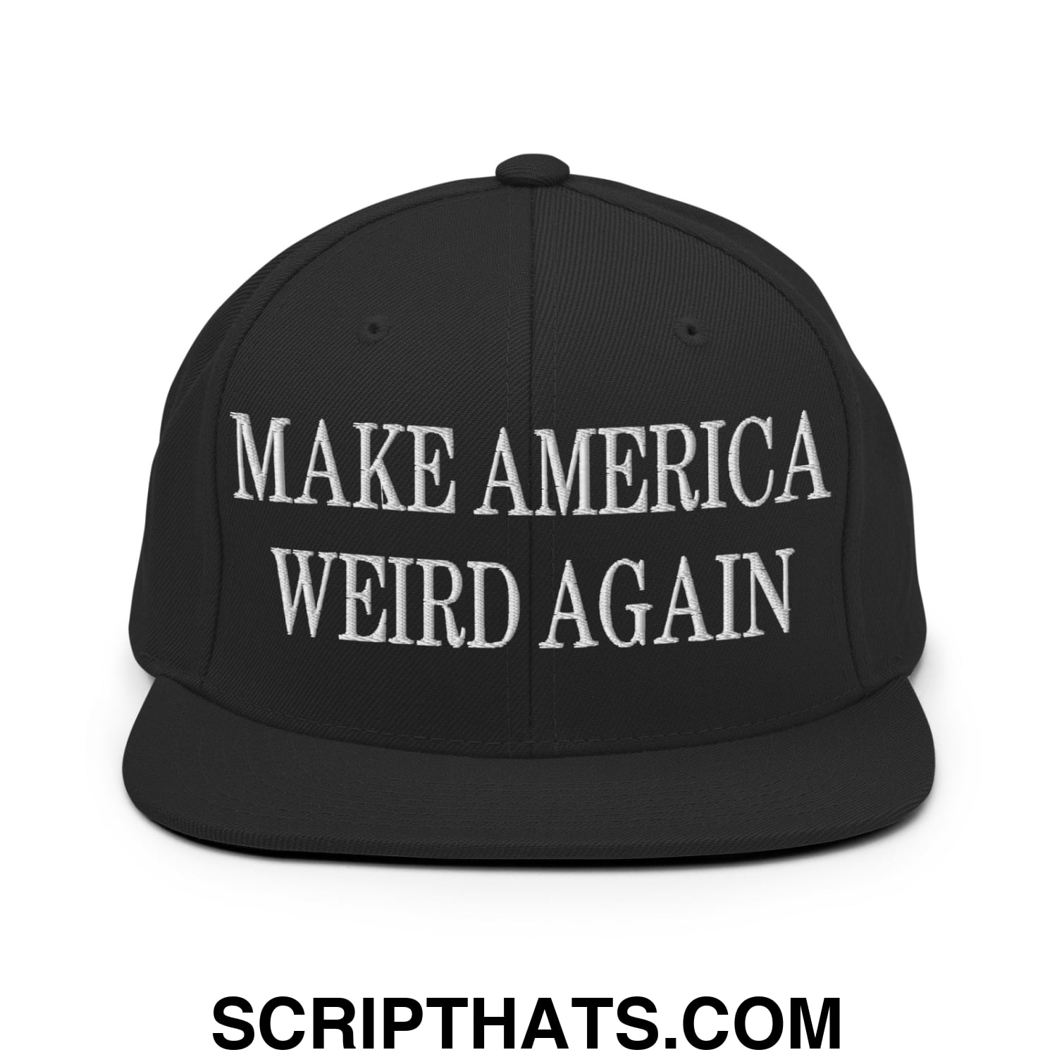 Black snapback hat with white embroidered make america weird again text and flat bill brim for casual wear