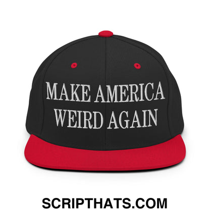 Black snapback hat with red brim and white make america weird again embroidered text on front panel