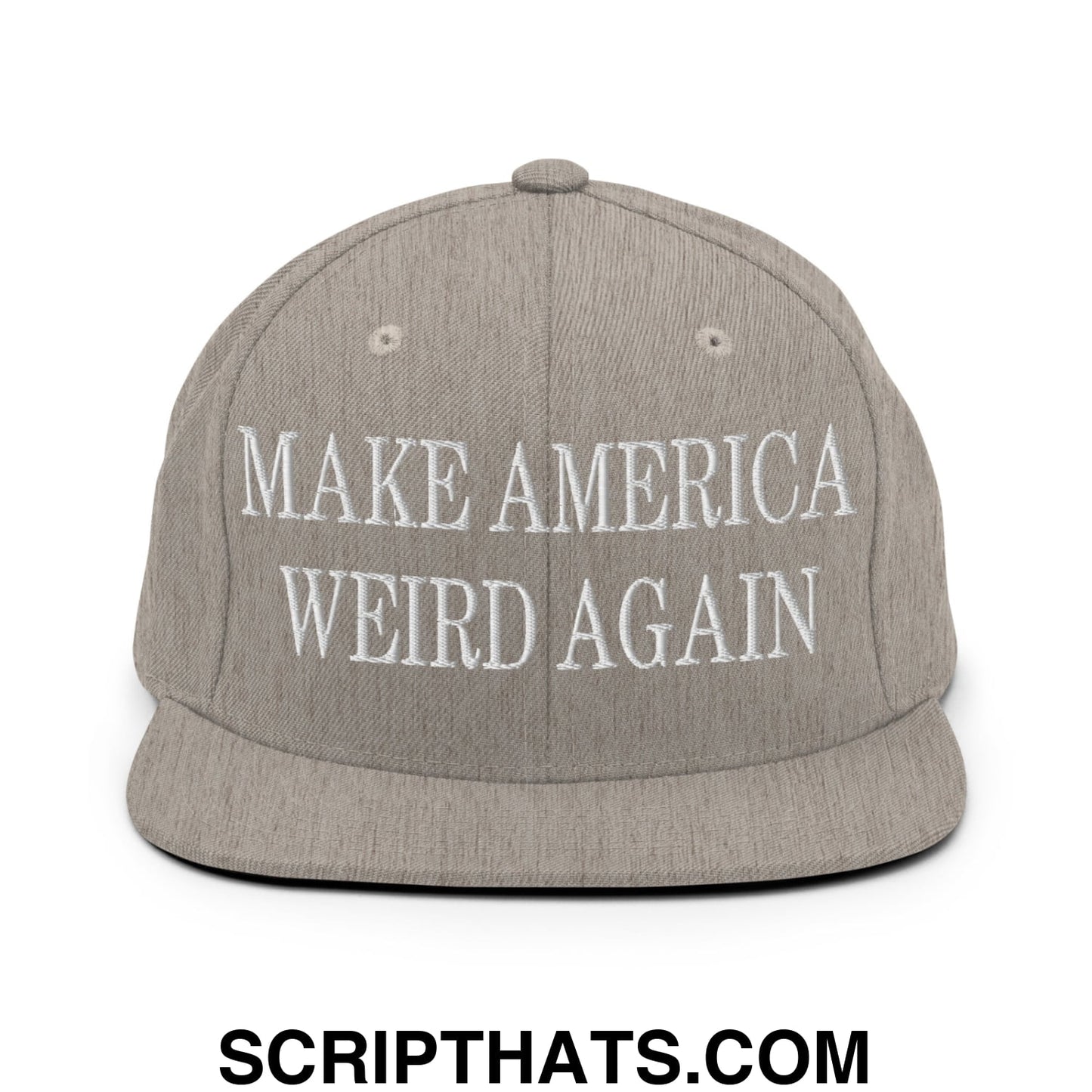 Gray snapback cap with white embroidered make america weird again text and flat bill brim for casual wear