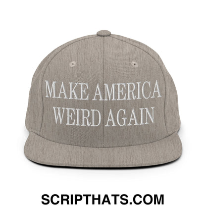 Gray snapback cap with white embroidered make america weird again text and flat bill brim for casual wear