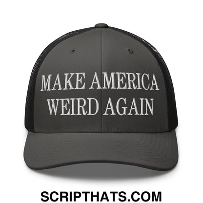 Black mesh trucker hat with white embroidered make america weird again text for casual wear