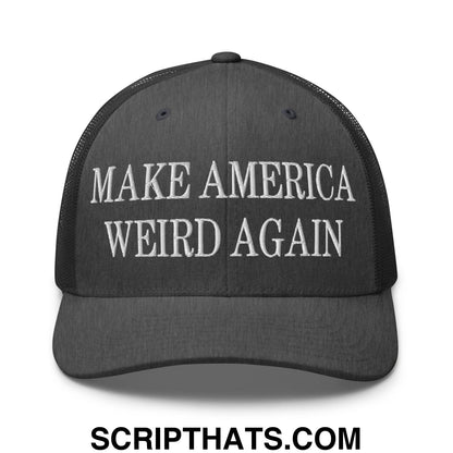 Black mesh trucker hat with white embroidered make America weird again text for casual wear
