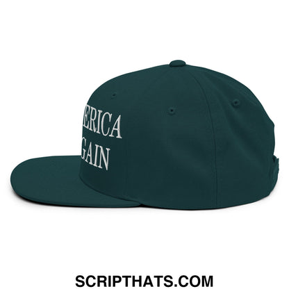 Dark green snapback cap with white embroidered america again text and flat bill brim for casual wear
