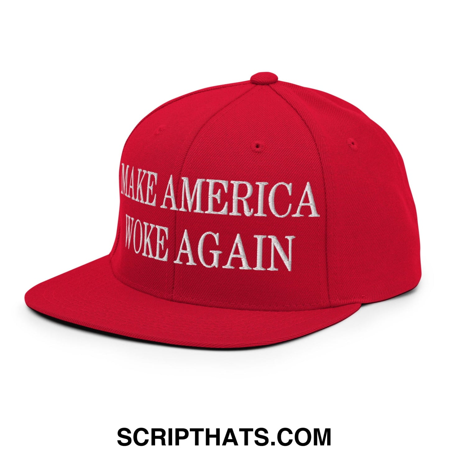Red snapback cap with white embroidered make america woke again text and flat bill brim for casual wear