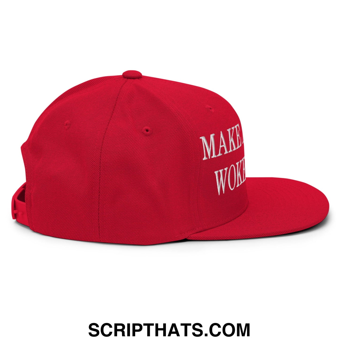 Red snapback cap with white embroidered make woke text on the side flat bill brim in Make America Woke Again style