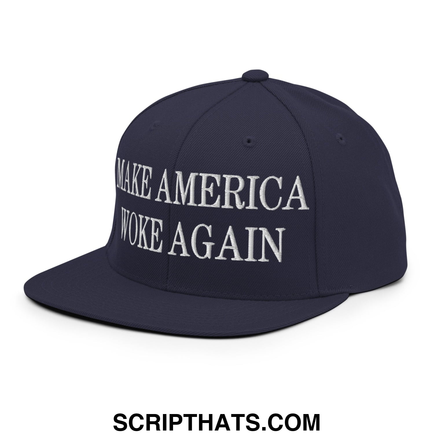 Navy blue snapback hat with white embroidered make America woke again text and flat bill brim design