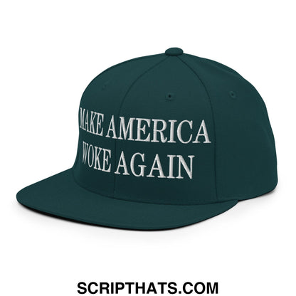 Dark green snapback hat with white embroidered make america woke again text and flat bill brim for casual wear