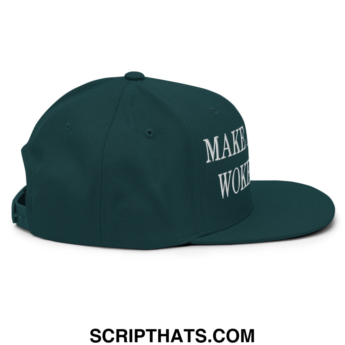 Dark green snapback hat with white embroidered make woke text on side flat bill brim for casual wear