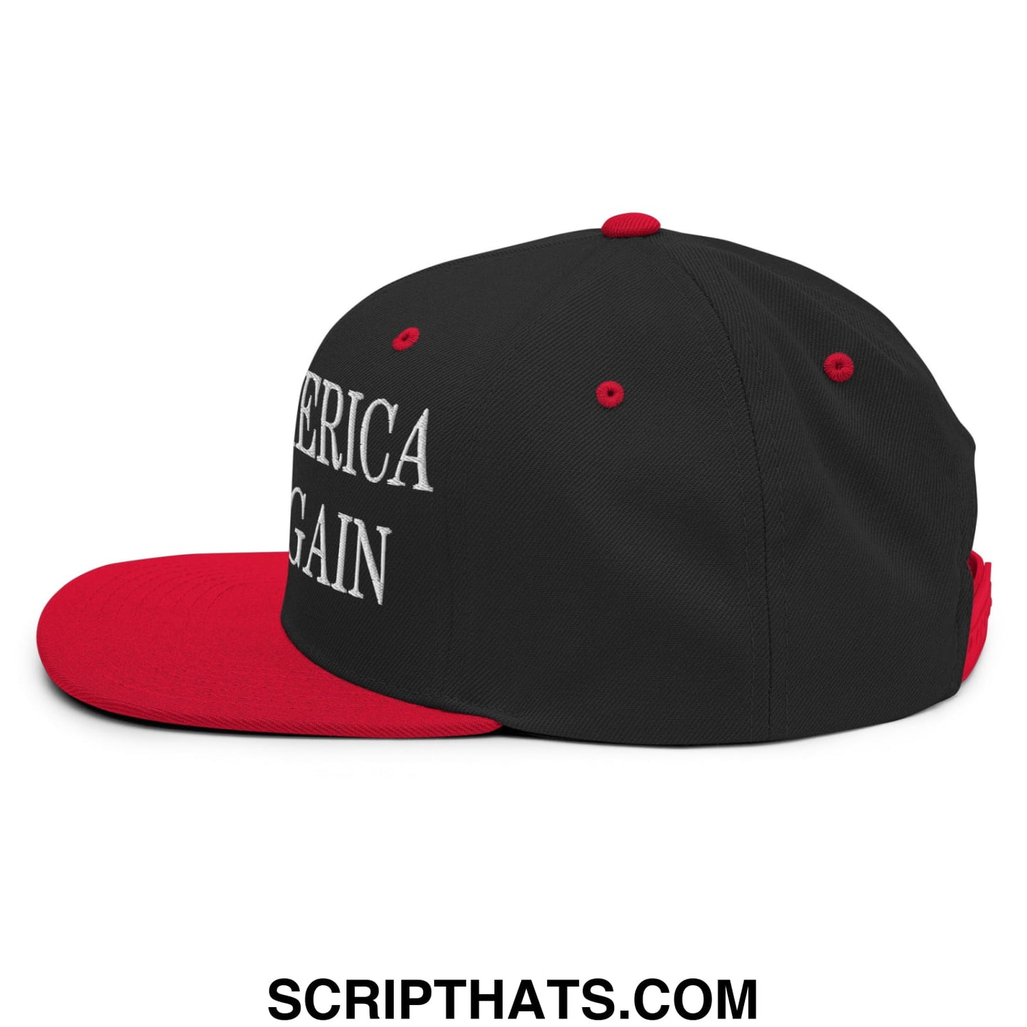 Black and red snapback cap with america again embroidered in white script on flat bill brim for casual wear
