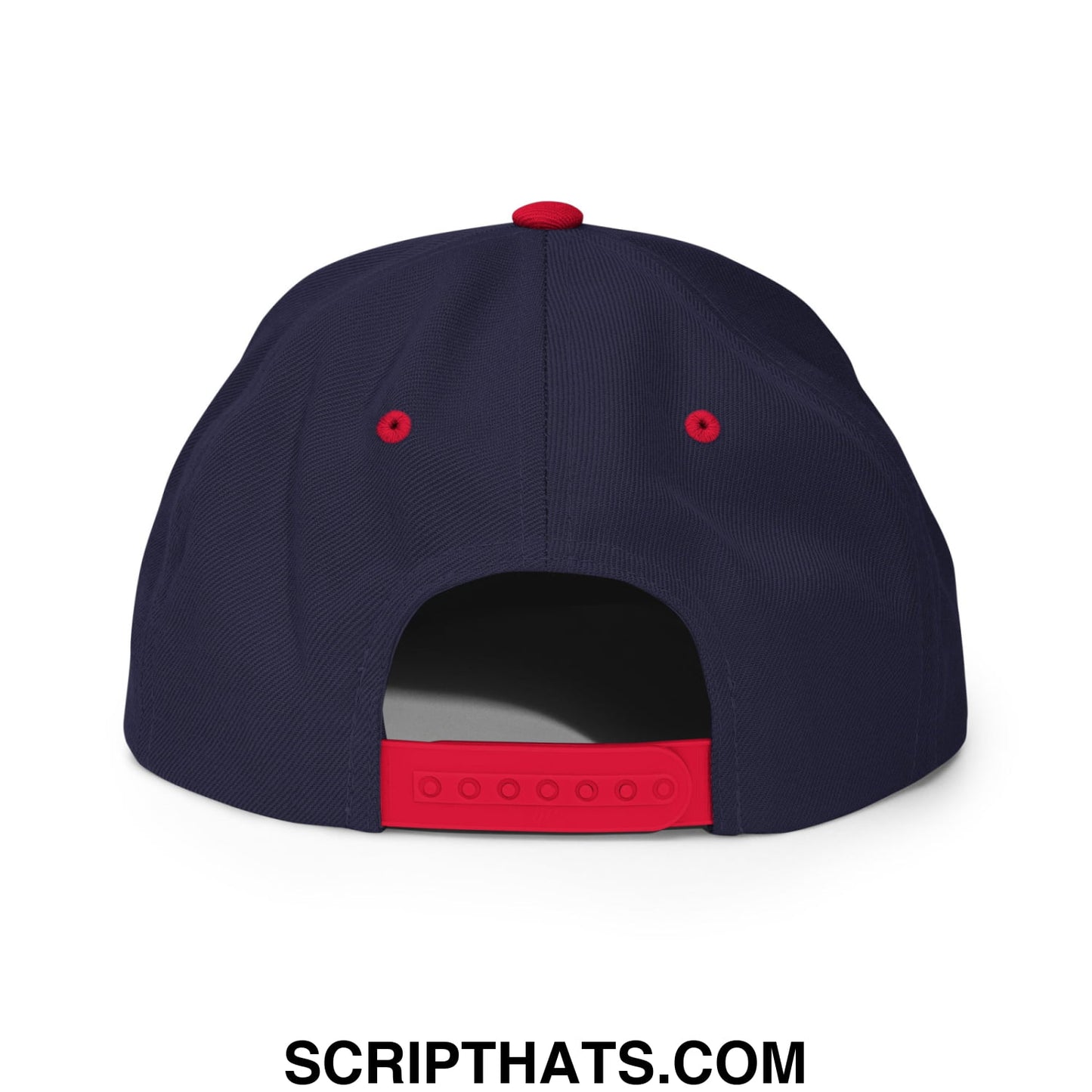 Navy blue snapback cap with red button and adjustable strap featuring make america woke again embroidered flat bill brim