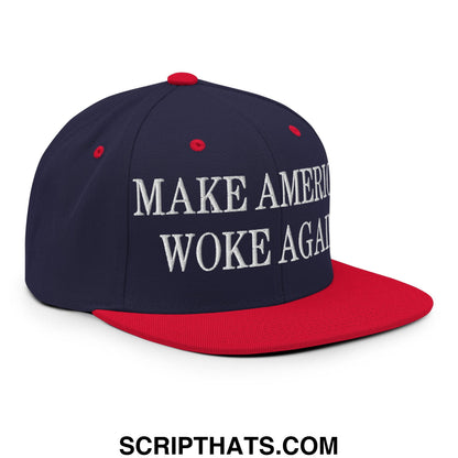 Navy blue and red snapback hat with white embroidered make america woke again text and flat bill brim design