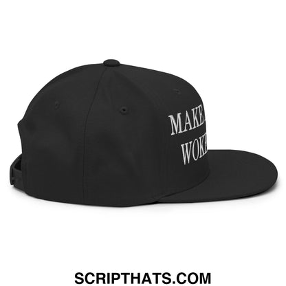 Black snapback cap with white embroidered make woke text on the side flat bill brim for casual wear