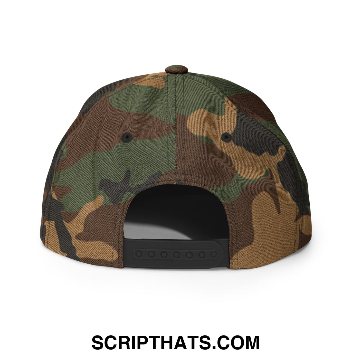Make America woke again embroidered camouflage snapback cap with black adjustable strap and brown fabric top button