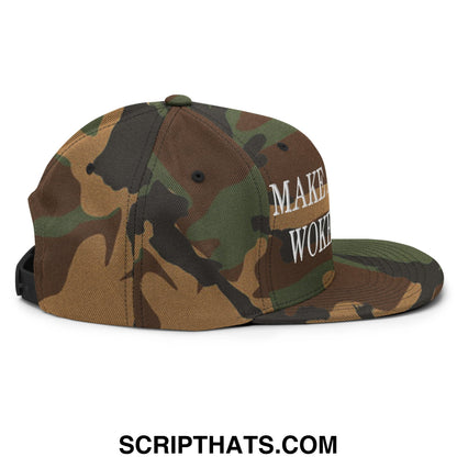 Camouflage snapback hat with white embroidered make woke text flat bill brim for casual wear