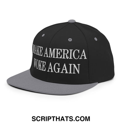 Black and gray snapback cap with white embroidered text make america woke again and flat bill brim design