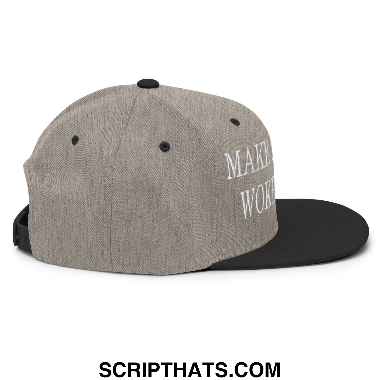 Make america woke again gray heathered snapback hat with black brim and white embroidered text flat bill brim