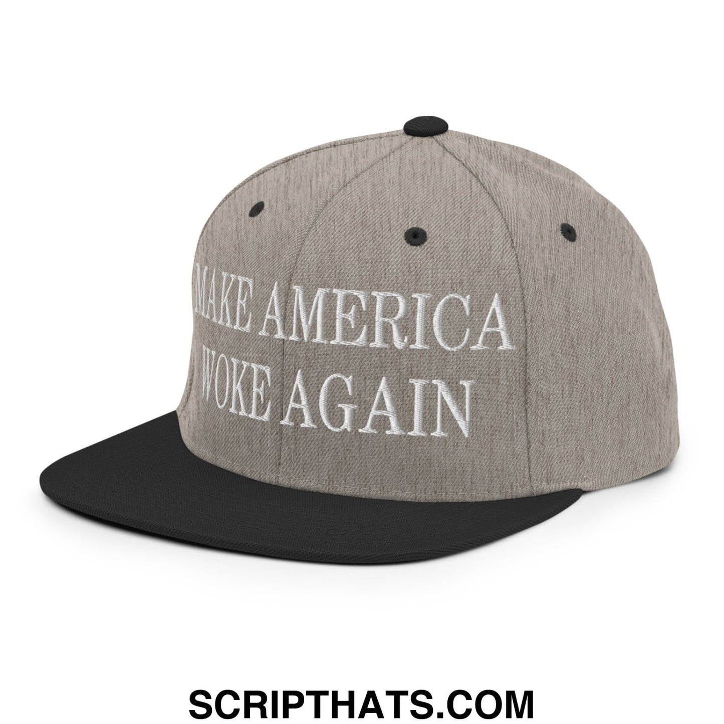 Gray and black snapback hat with flat bill and white embroidered make america woke again text