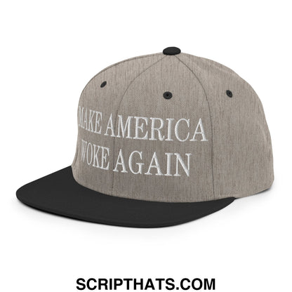 Gray and black snapback hat with flat bill and white embroidered make america woke again text